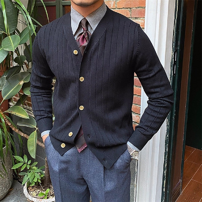 Grantley | Men's Ribbed V-Neck Button Cardigan - Light Blue - Image 2
