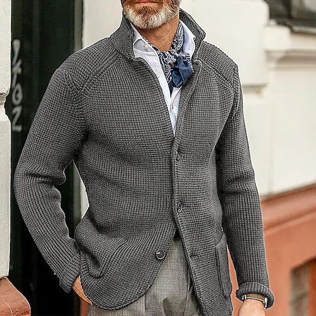 Grevald | Men's Knit Cardigan Sweater Stand Collar - Navy - Image 2