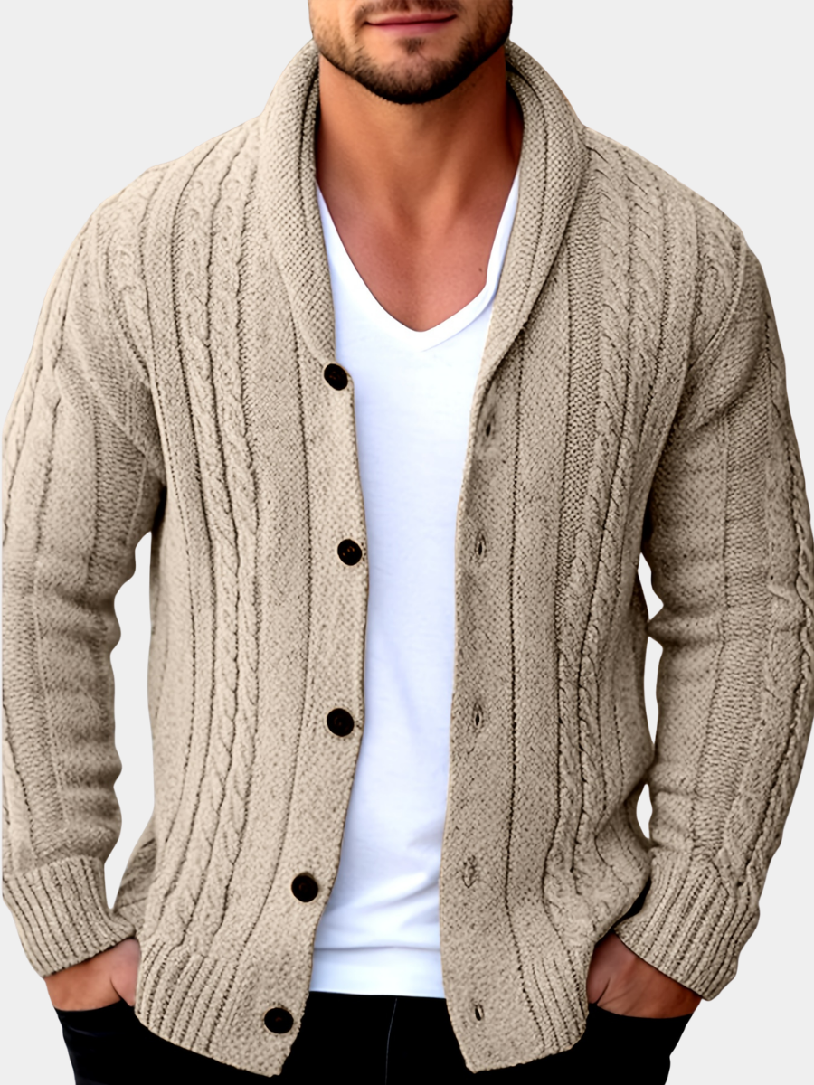 Grevane | Men's Cable Knit Cardigan Shawl Collar - Beige - Image 1