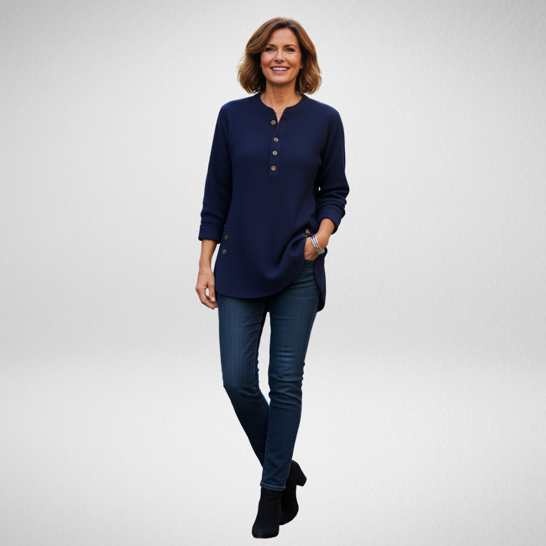 Gwenara | Women's Relaxed Fit Henley Sweater Tunic - Navy - Image 1