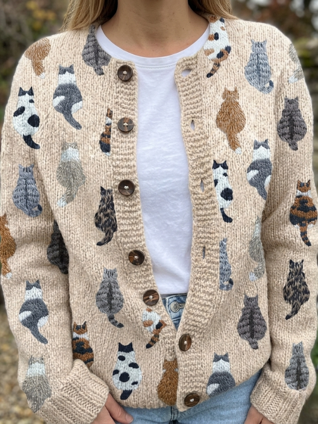 Gwynfor | Women's Cat Print Knit Cardigan - Beige - Image 1