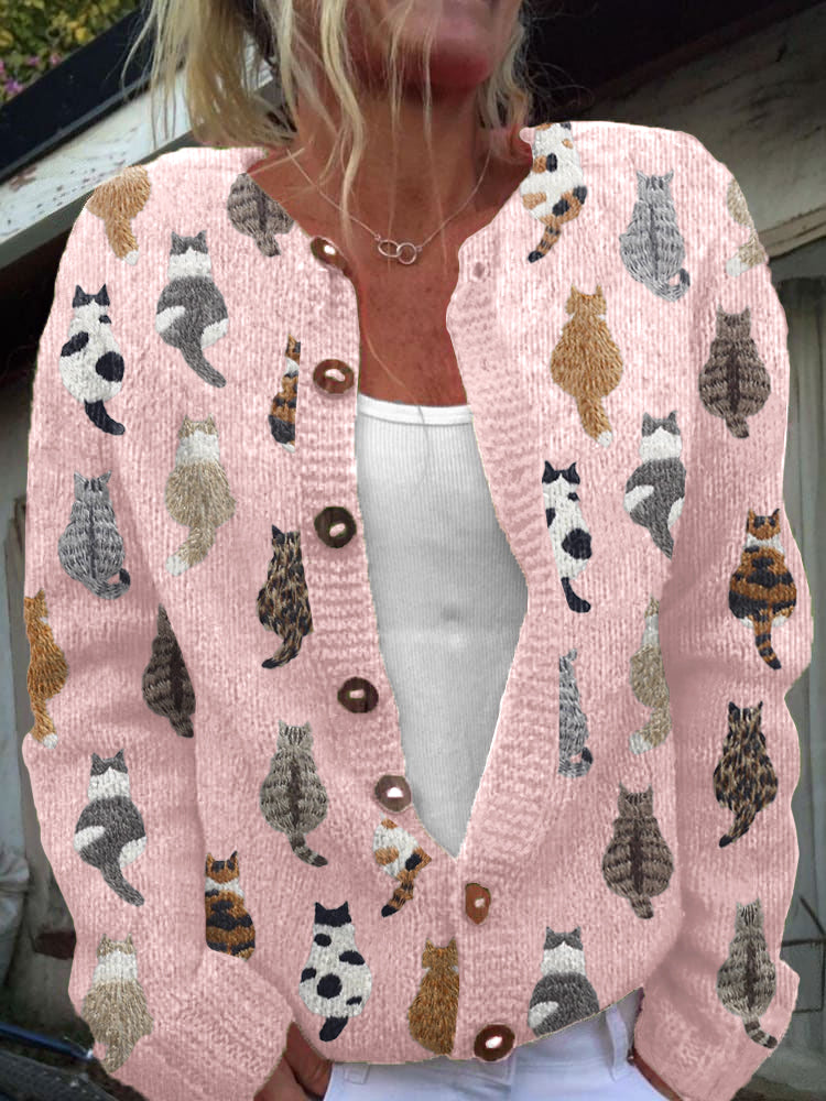 Gwynfor | Women's Cat Print Knit Cardigan - Beige - Image 2