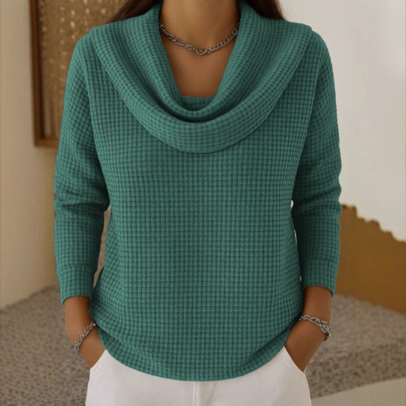Halvine | Women's Cowl Neck Waffle Knit Sweater - Teal - Image 1