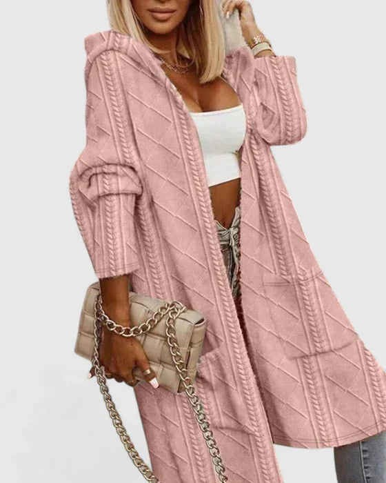 Halvine | Women's Hooded Cable Knit Cardigan - Taupe - Image 2