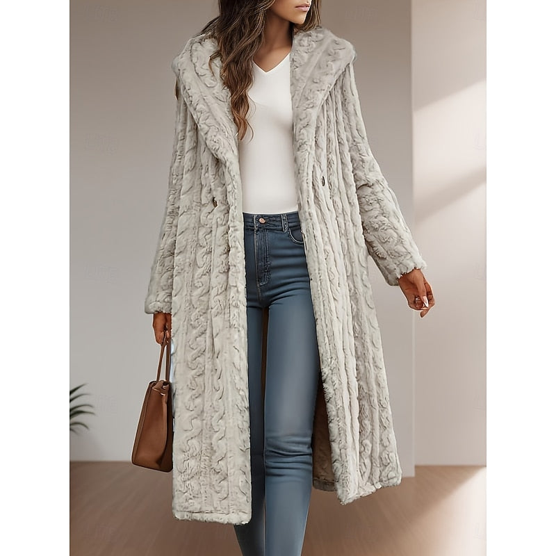 Halvine | Women's Hooded Faux Fur Longline Winter Coat - Light Grey - Image 1