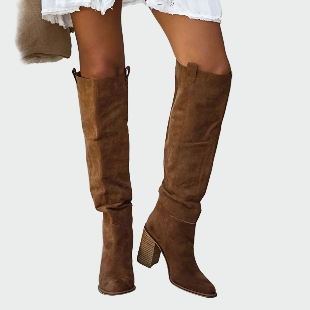 Halvine | Women's Knee-High Boots Brown Block Heel - Brown - Image 1