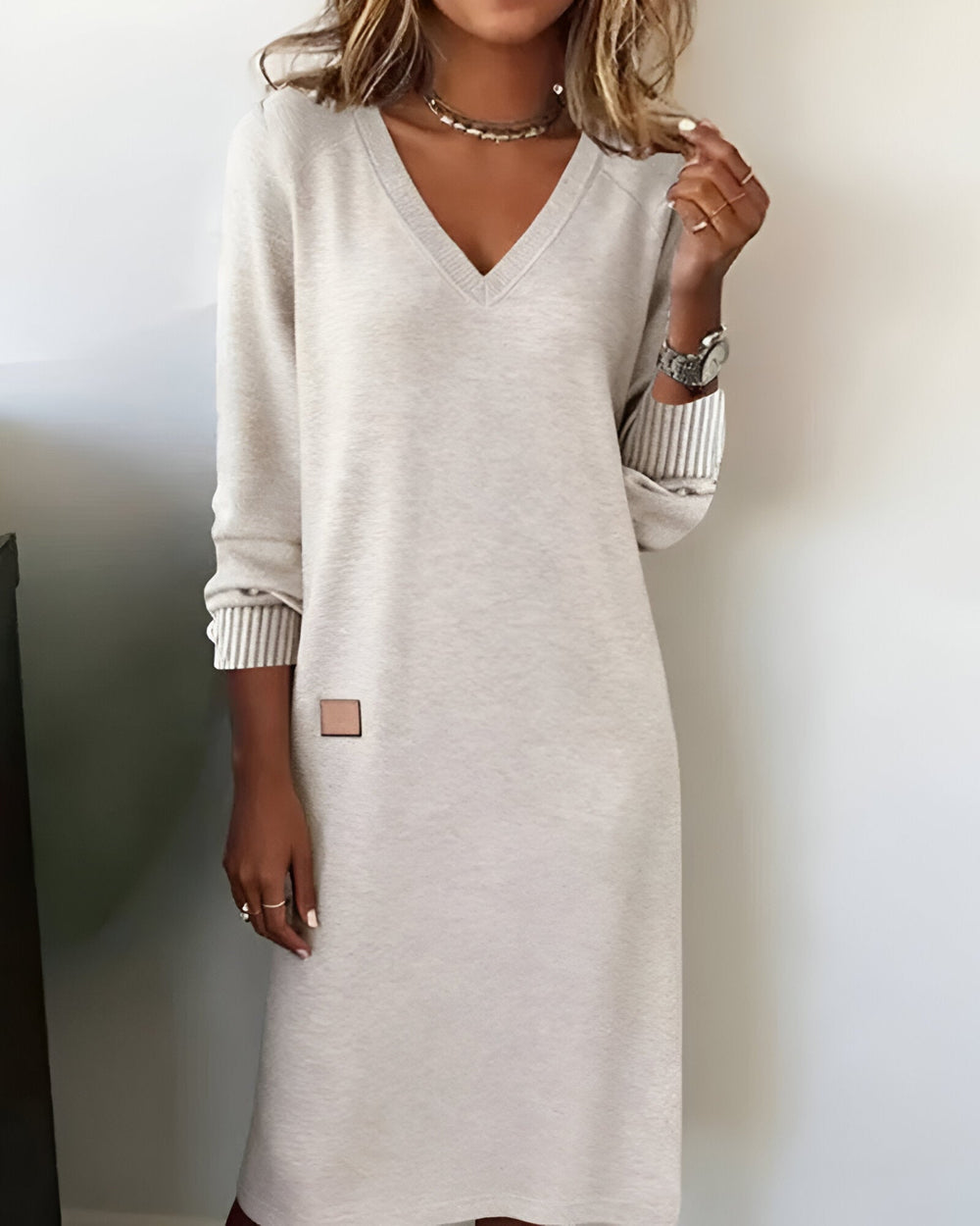 Halvine | Women's Long Sleeve Sweater Dress - Light Grey - Image 2