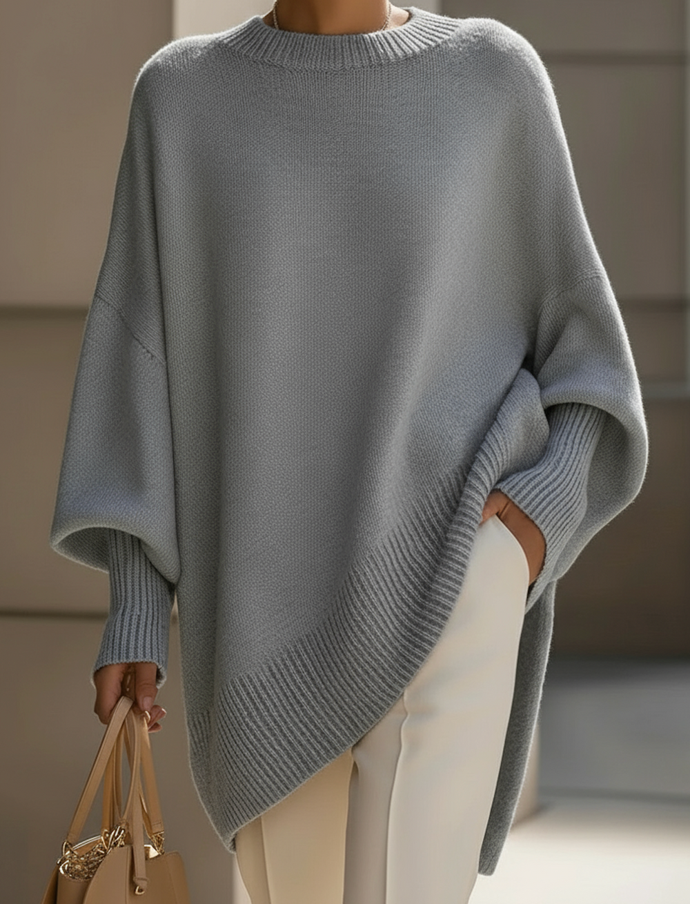 Halvine | Women's Oversized Knit Sweater Poncho - Grey - Image 2