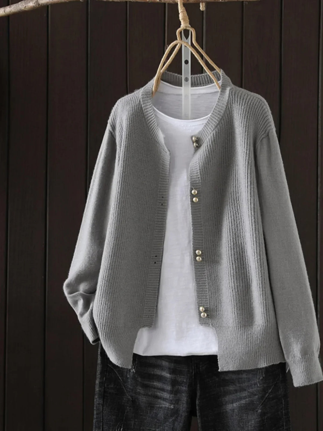 Halvine | Women's Pearl Button Knit Cardigan - Light Grey - Image 1