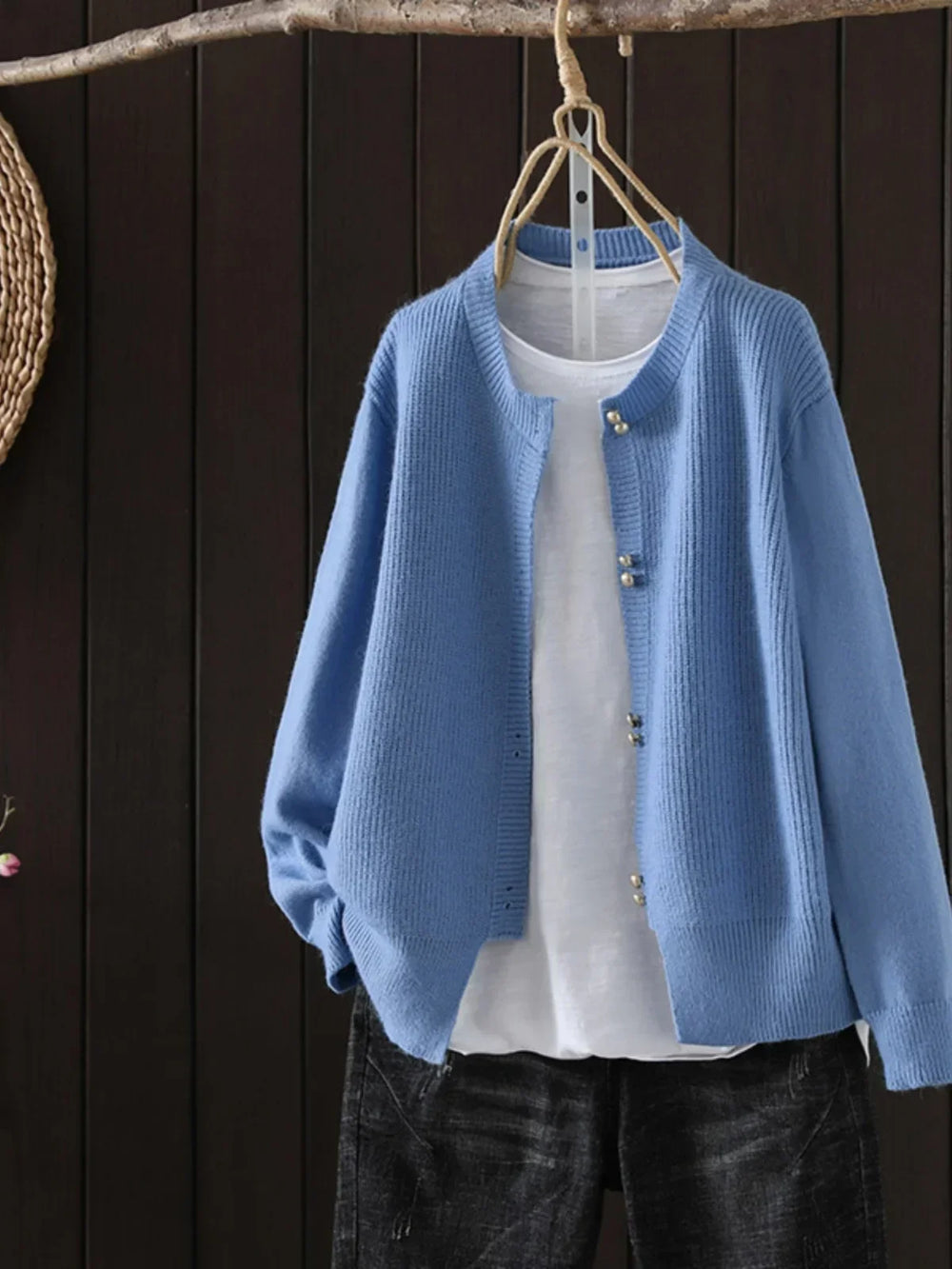 Halvine | Women's Pearl Button Knit Cardigan - Light Grey - Image 2
