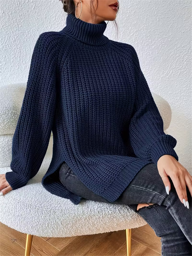 Halvora | Women's Chunky Knit Turtleneck Sweater - Navy - Image 1