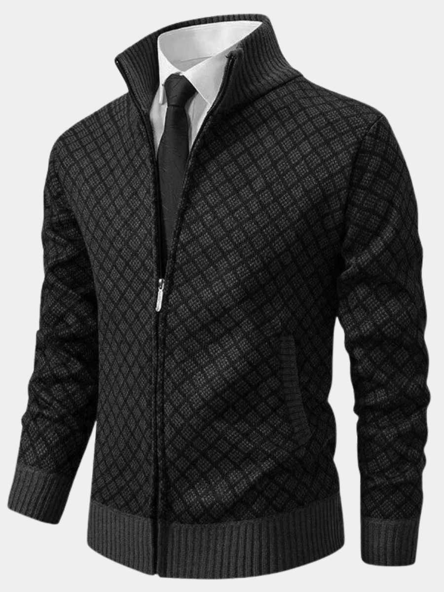 Halvord | Men's Zip-Up Knit Cardigan Diamond Pattern - Dark Grey - Image 1