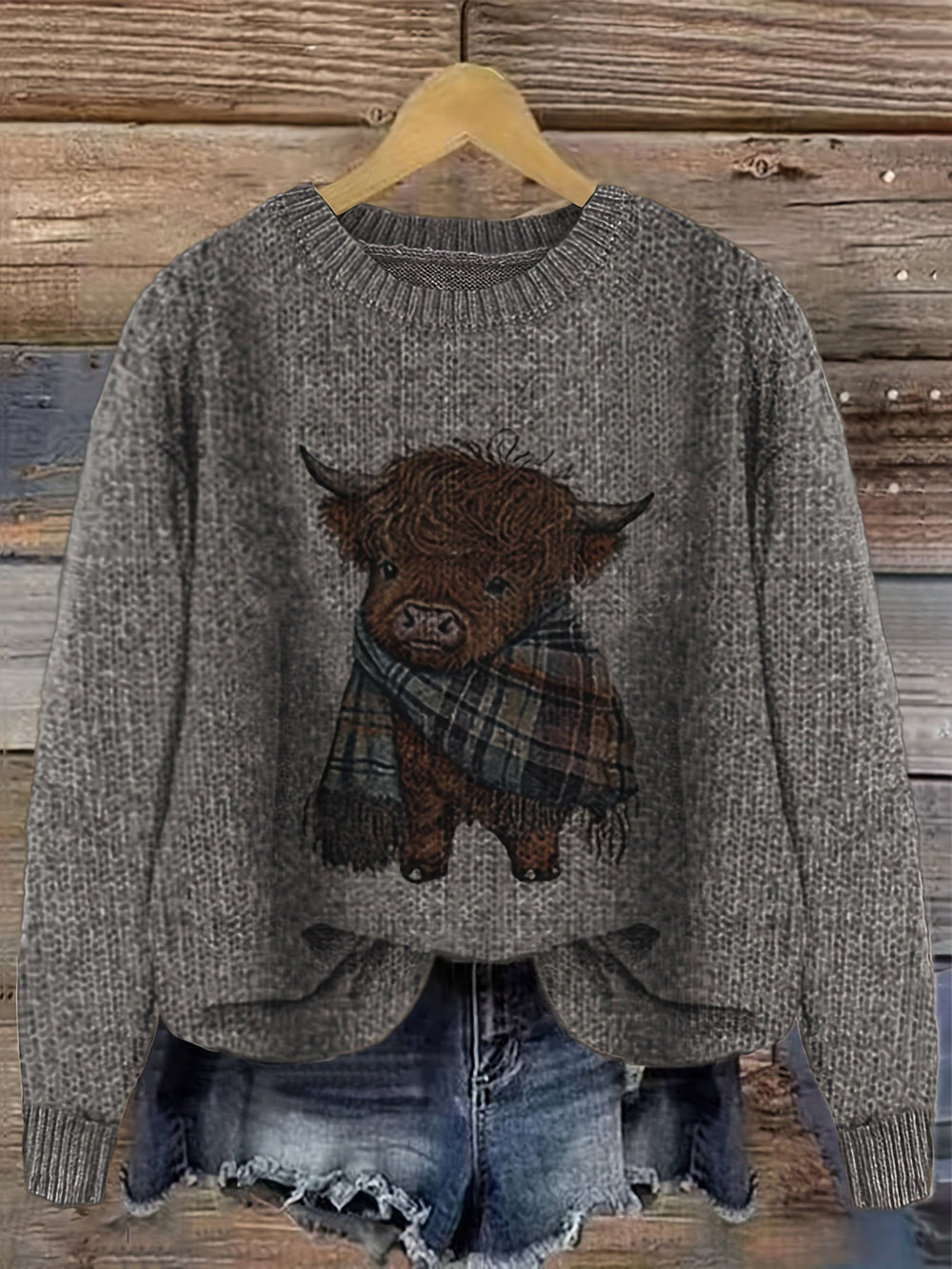 Halvorn | Women's Highland Cow Graphic Knit Sweater - Green - Image 2