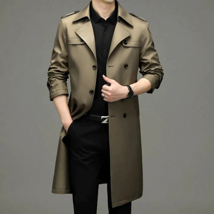 Halvren | Men's Winter Trench Coat Long Double-Breasted - Navy - Image 2