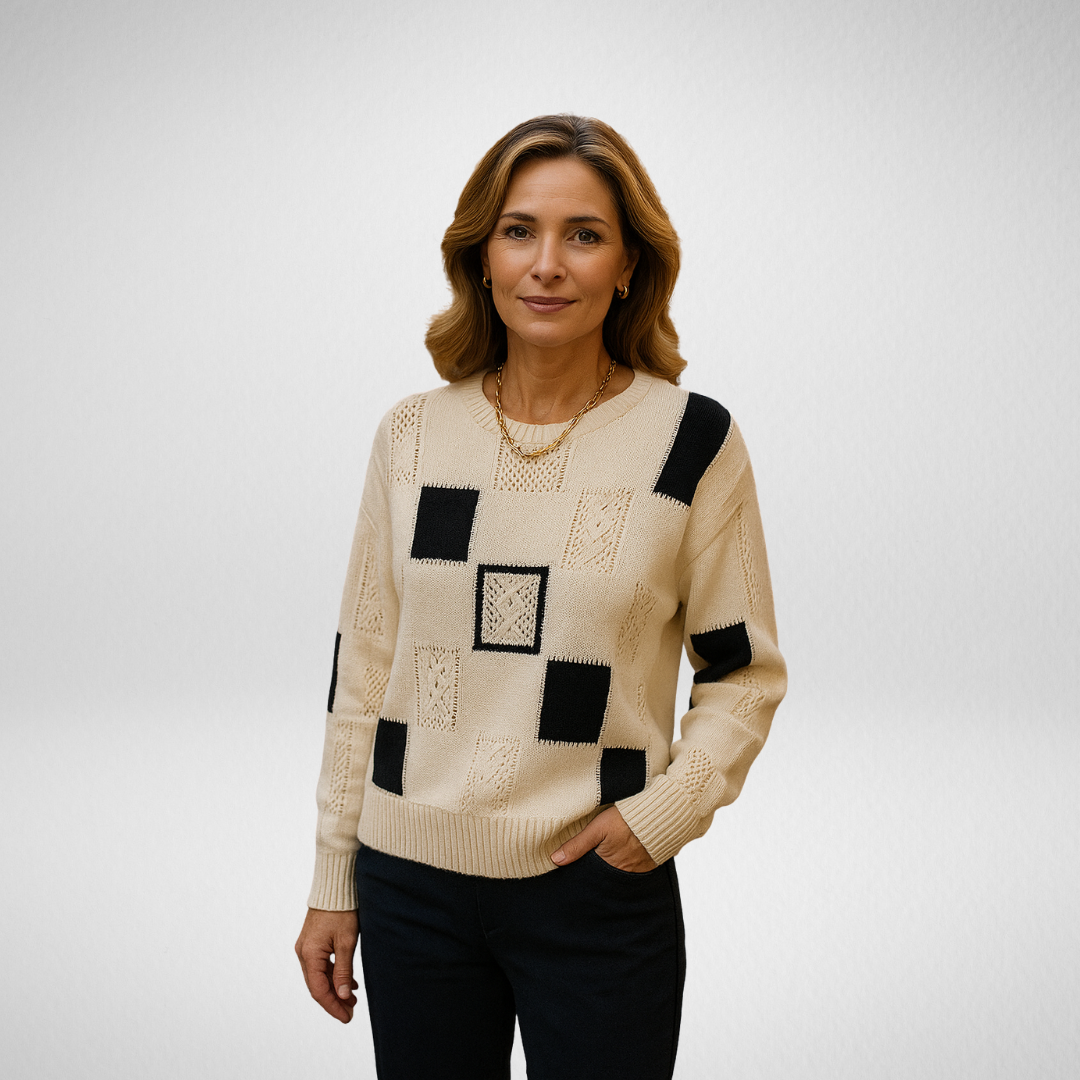 Halwyn | Women's Colour Block Patchwork Knit Sweater - Cream - Image 1