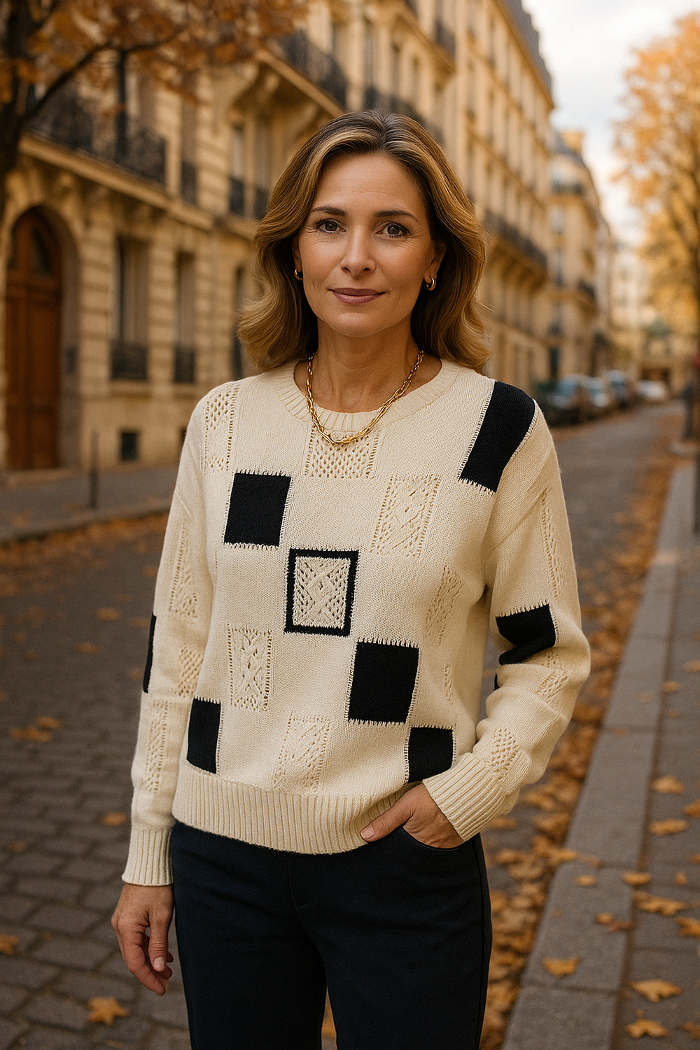 Halwyn | Women's Colour Block Patchwork Knit Sweater - Cream - Image 2