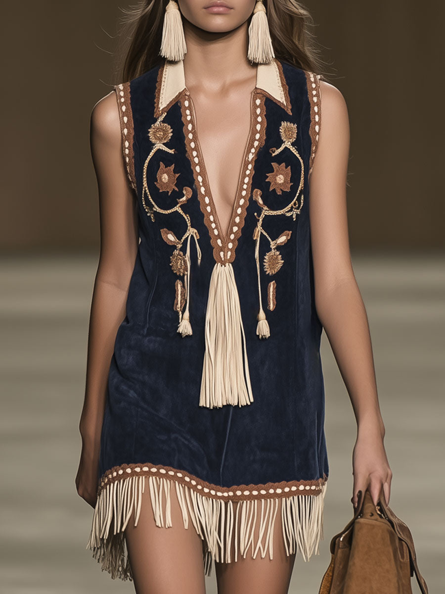 Ianthe | Women's Boho Embroidered Tassel Fringe Mini Dress - Navy - Image 1