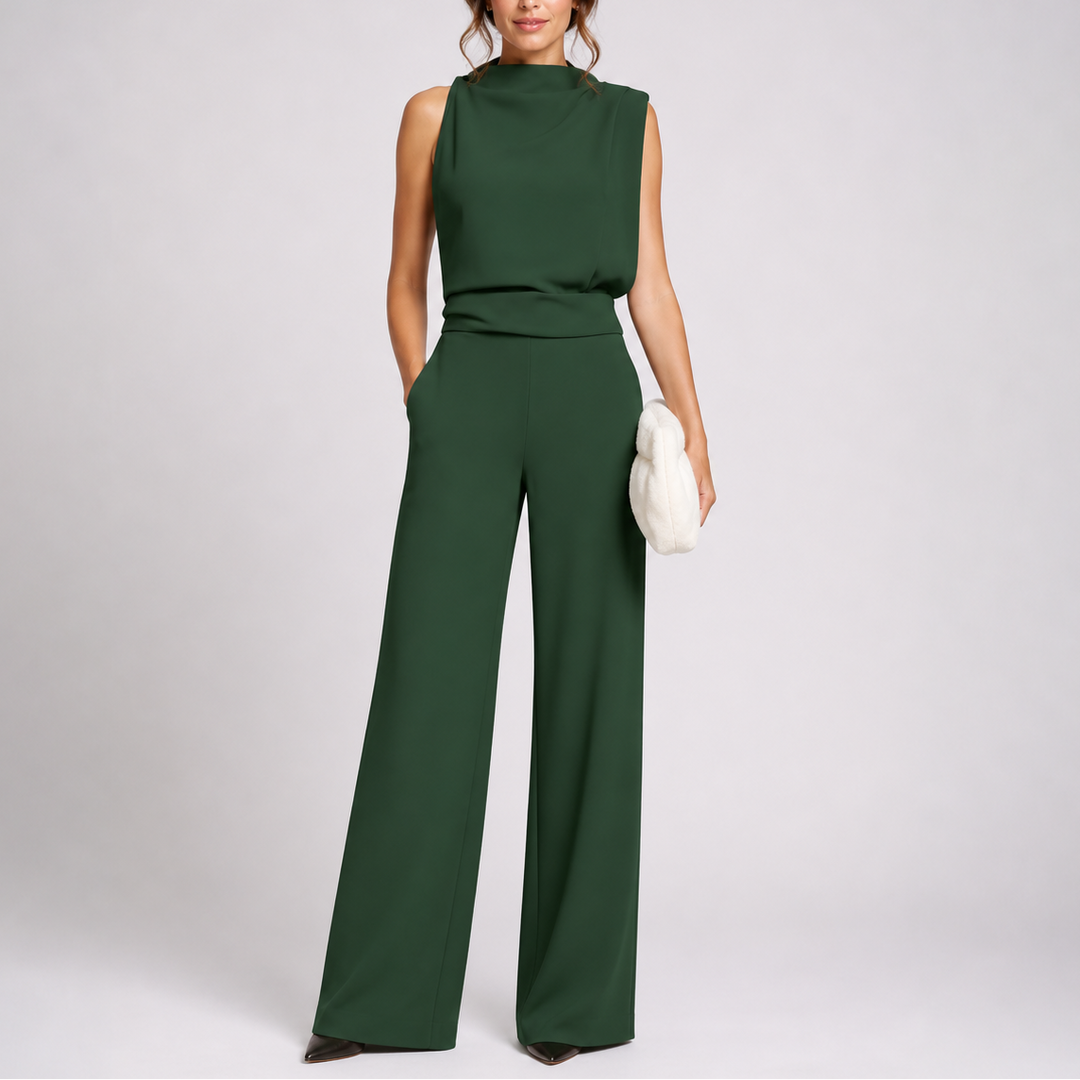 Imara | Women's Mock Neck Sleeveless Wide Leg Jumpsuit - Dark Green - Image 1
