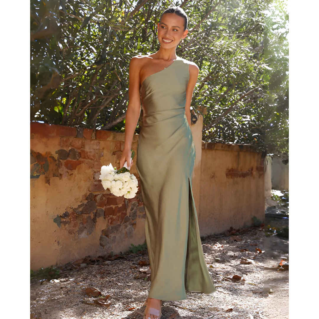 Ines | Women's One Shoulder Ruched Maxi Dress - Sage - Image 1