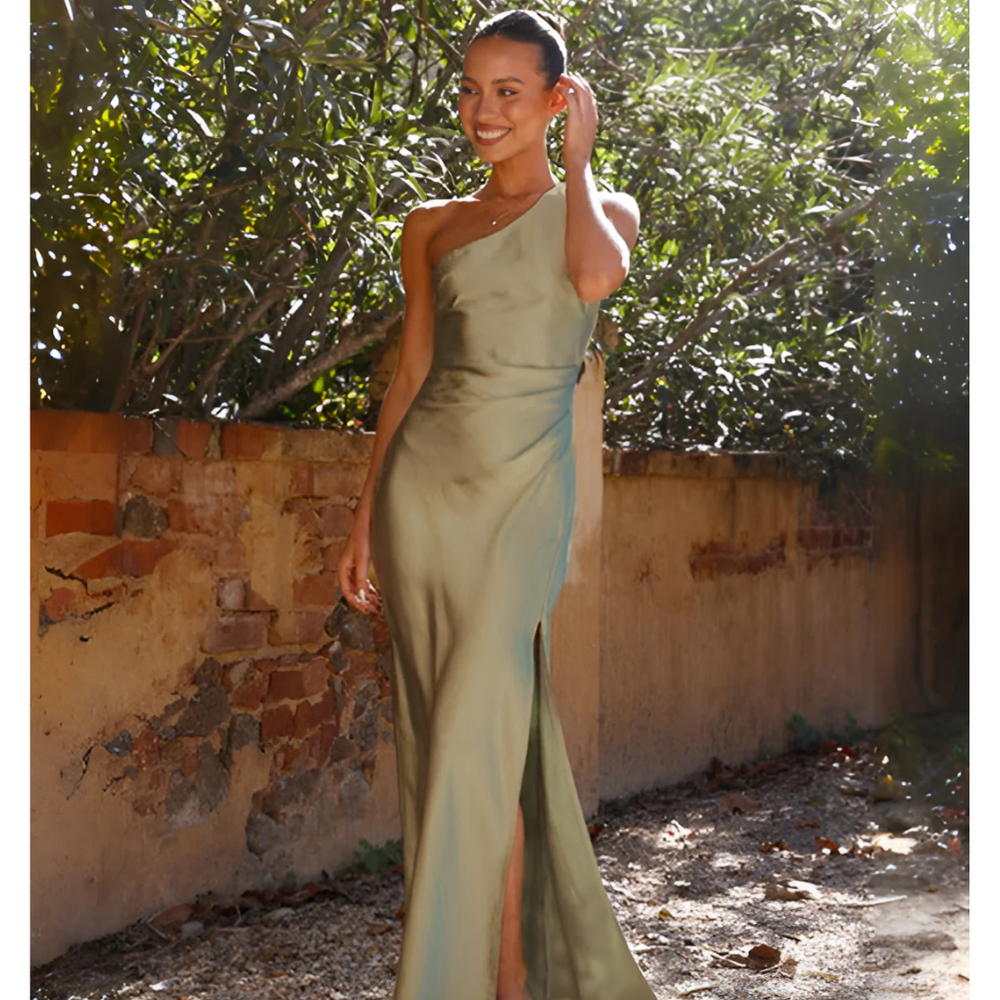 Ines | Women's One Shoulder Ruched Maxi Dress - Sage - Image 2