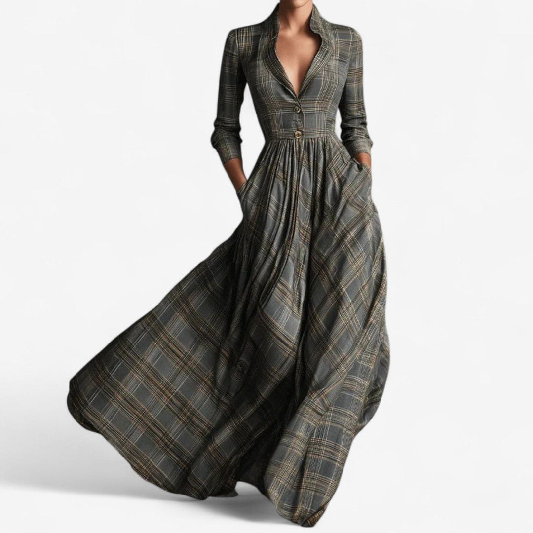 Iolanthe | Women's Plaid Long Sleeve Maxi Dress - Grey - Image 1