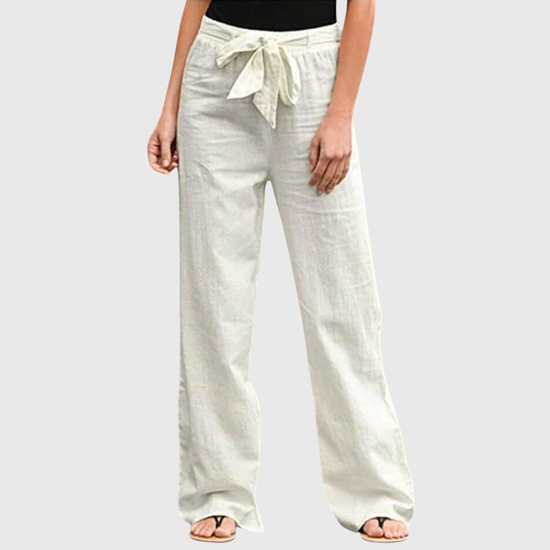 Isadora | Women's Tie Waist Wide Leg Pants - Cream - Image 1