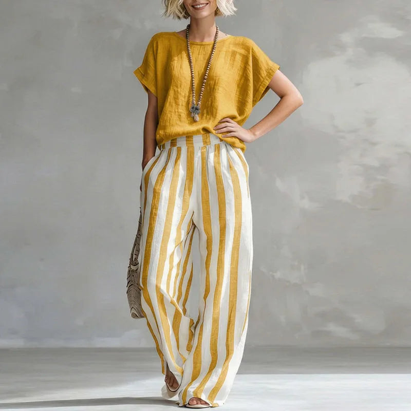 Isadora | Women's Two Piece Striped Wide Leg Pants Set - Striped - Image 1