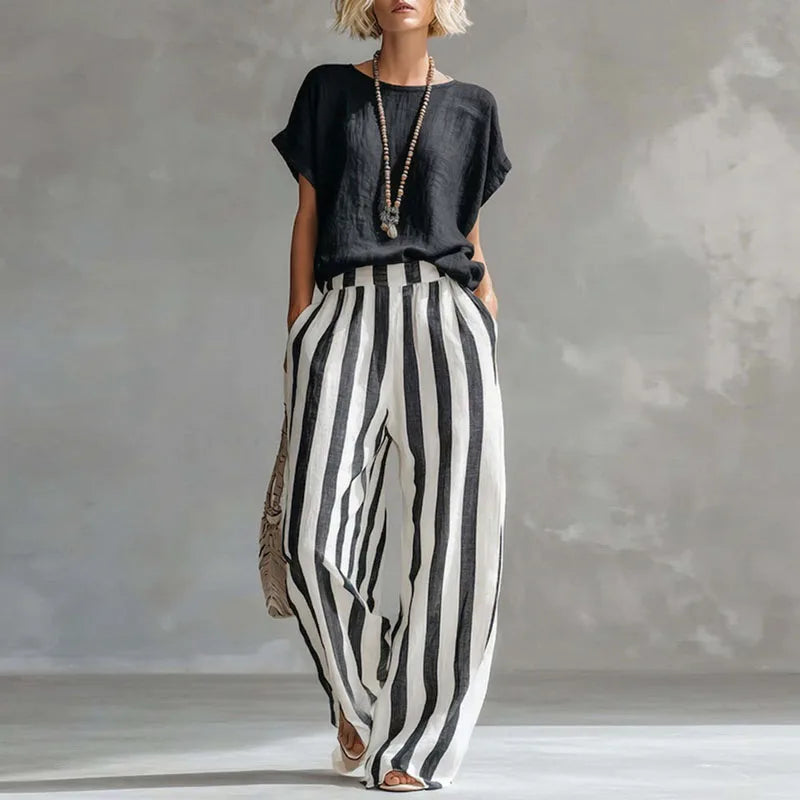 Isadora | Women's Two Piece Striped Wide Leg Pants Set - Striped - Image 2