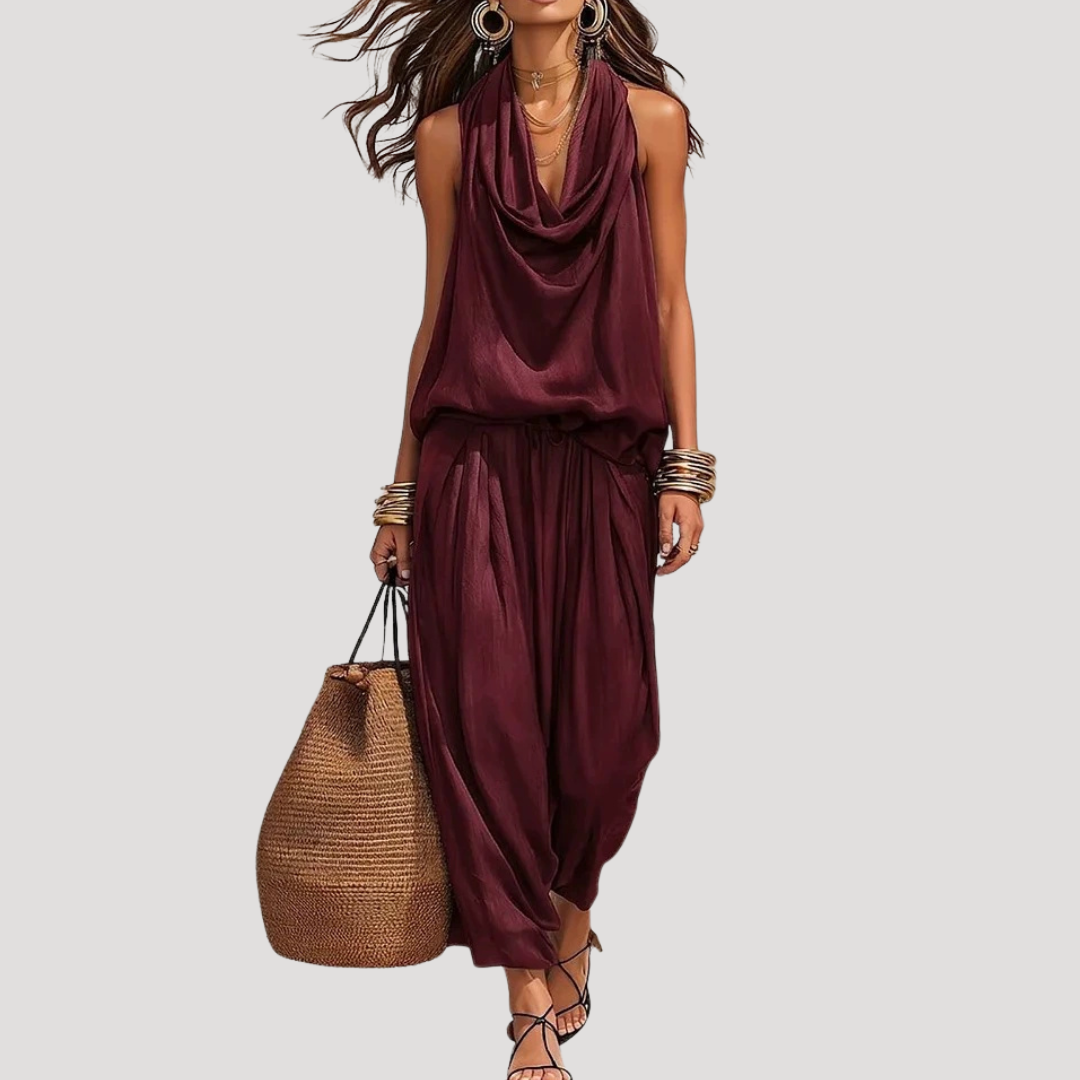 Isolde | Women's Cowl Neck Sleeveless Co-Ord Set - Burgundy - Image 1