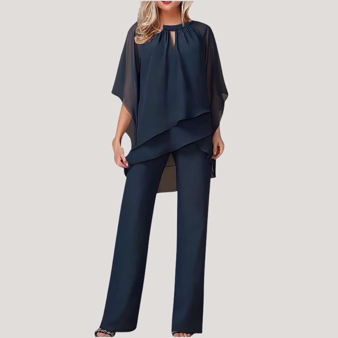 Isolde | Women's Dressy Two Piece Wide Leg Pants Set - Navy - Image 1