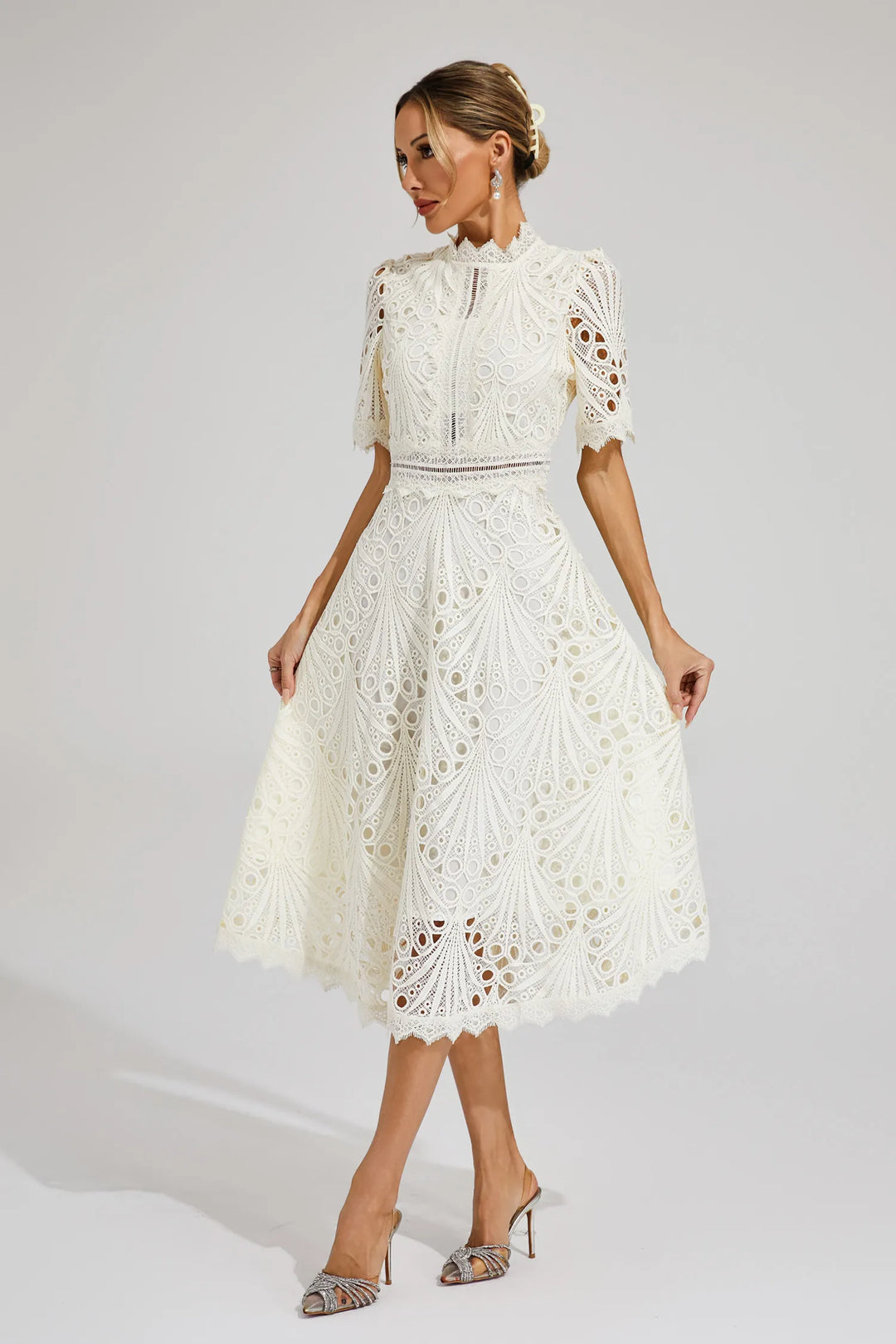 Isolde | Women's Mock Neck Lace A-Line Midi Dress - Cream - Image 1