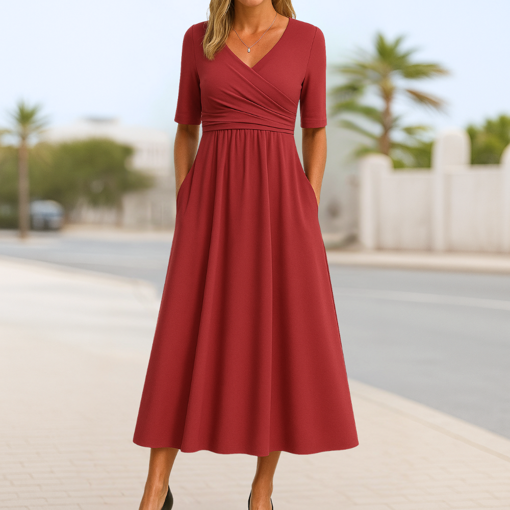Isolina | Women's V-Neck Short Sleeve Wrap Midi Dress - Image 2