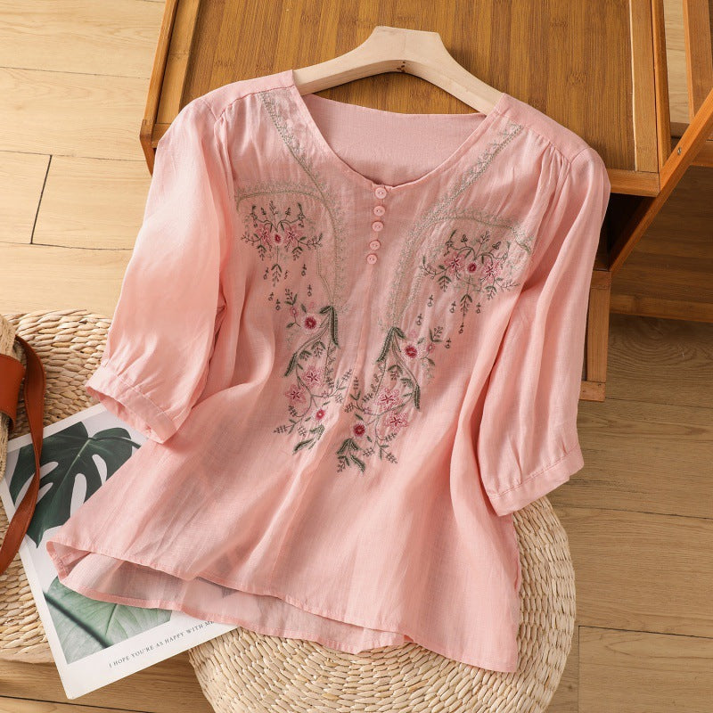 Julianna | Women's Embroidered Floral V-Neck Blouse - Image 2