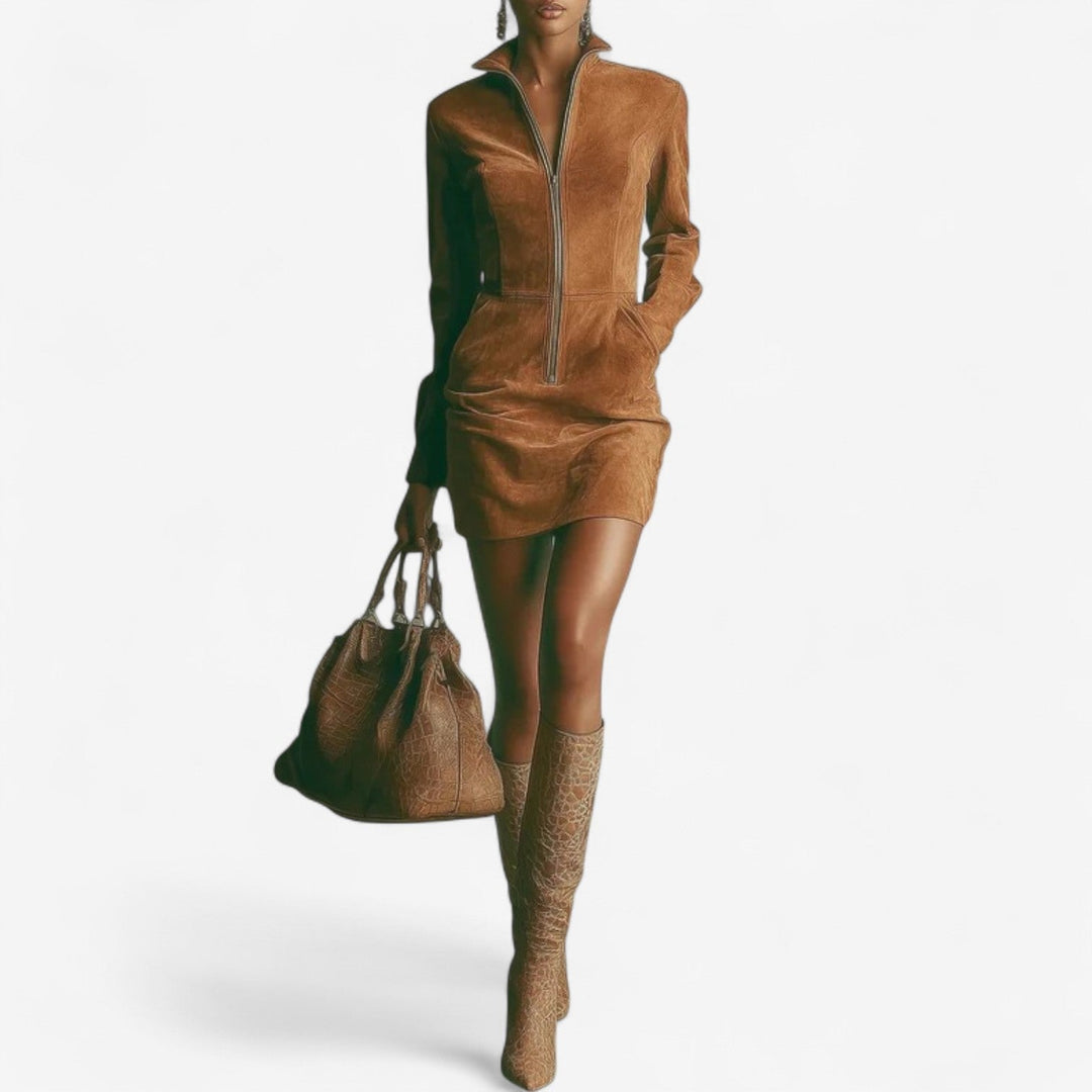 Juliette | Women's Front Zip Long Sleeve Mini Dress - Brown - Image 1