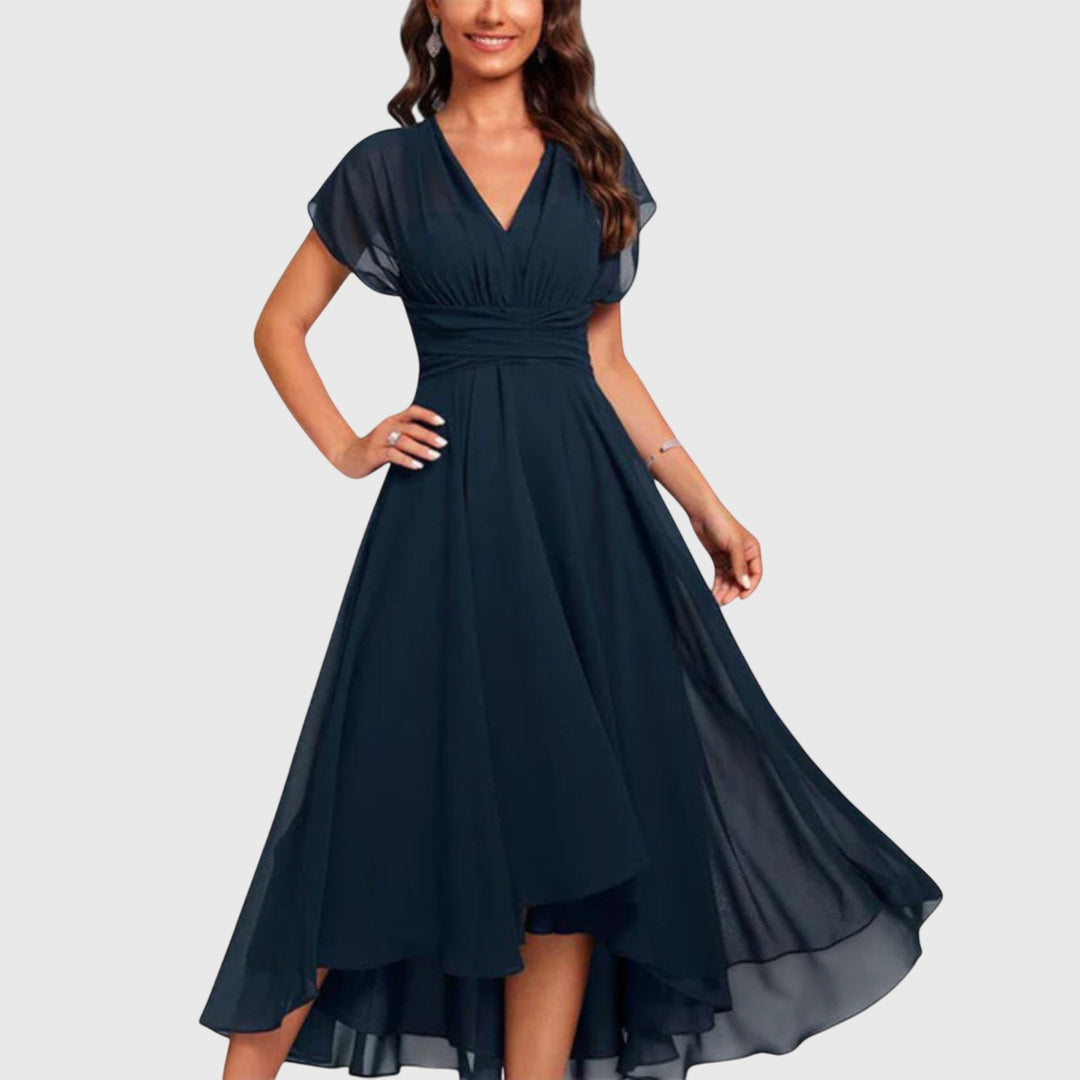Juliette | Women's V-Neck Short Sleeve Midi Dress - Navy - Image 1