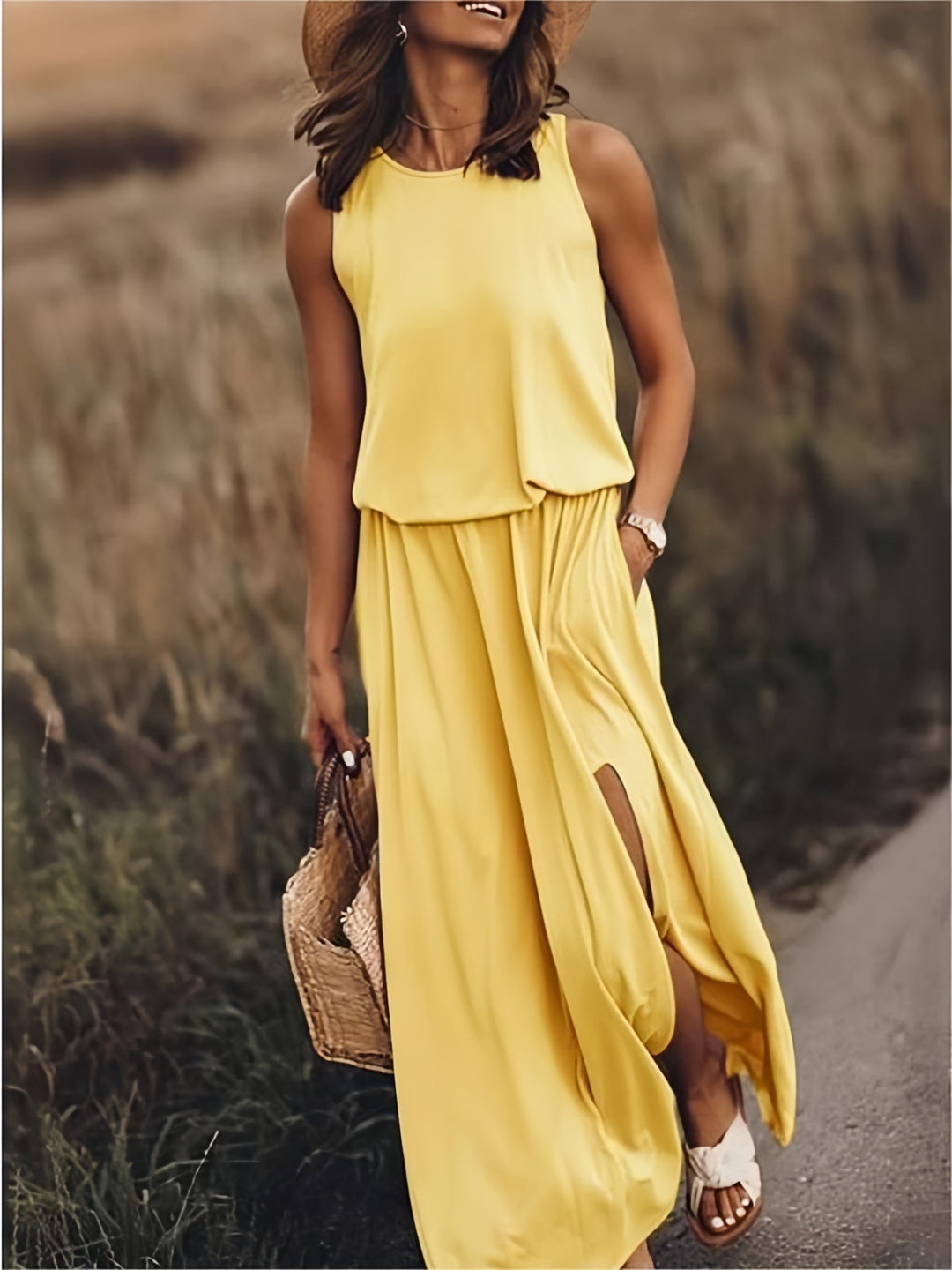 Keziah | Women's Sleeveless Round Neck Flowy Maxi Dress - Yellow - Image 1