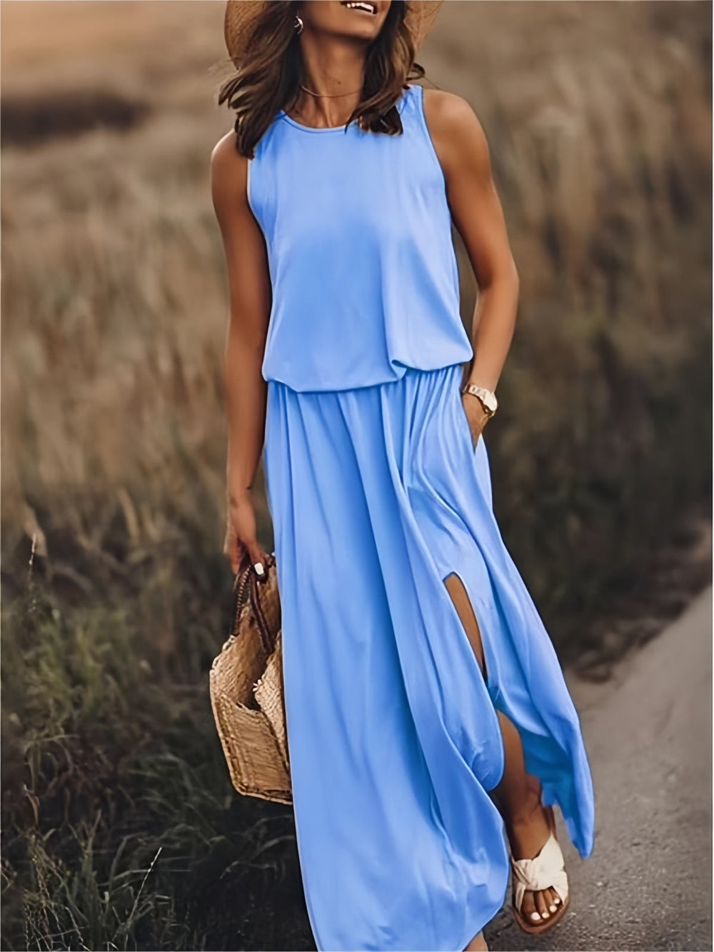 Keziah | Women's Sleeveless Round Neck Flowy Maxi Dress - Yellow - Image 2