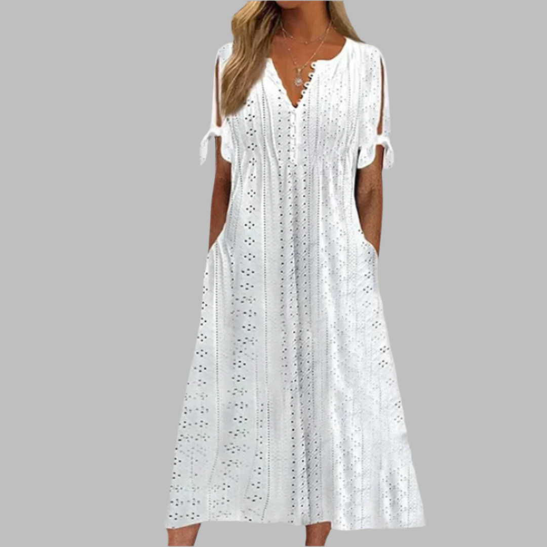 Léa | Women's Eyelet V-Neck Short Sleeve Midi Dress - White - Image 1