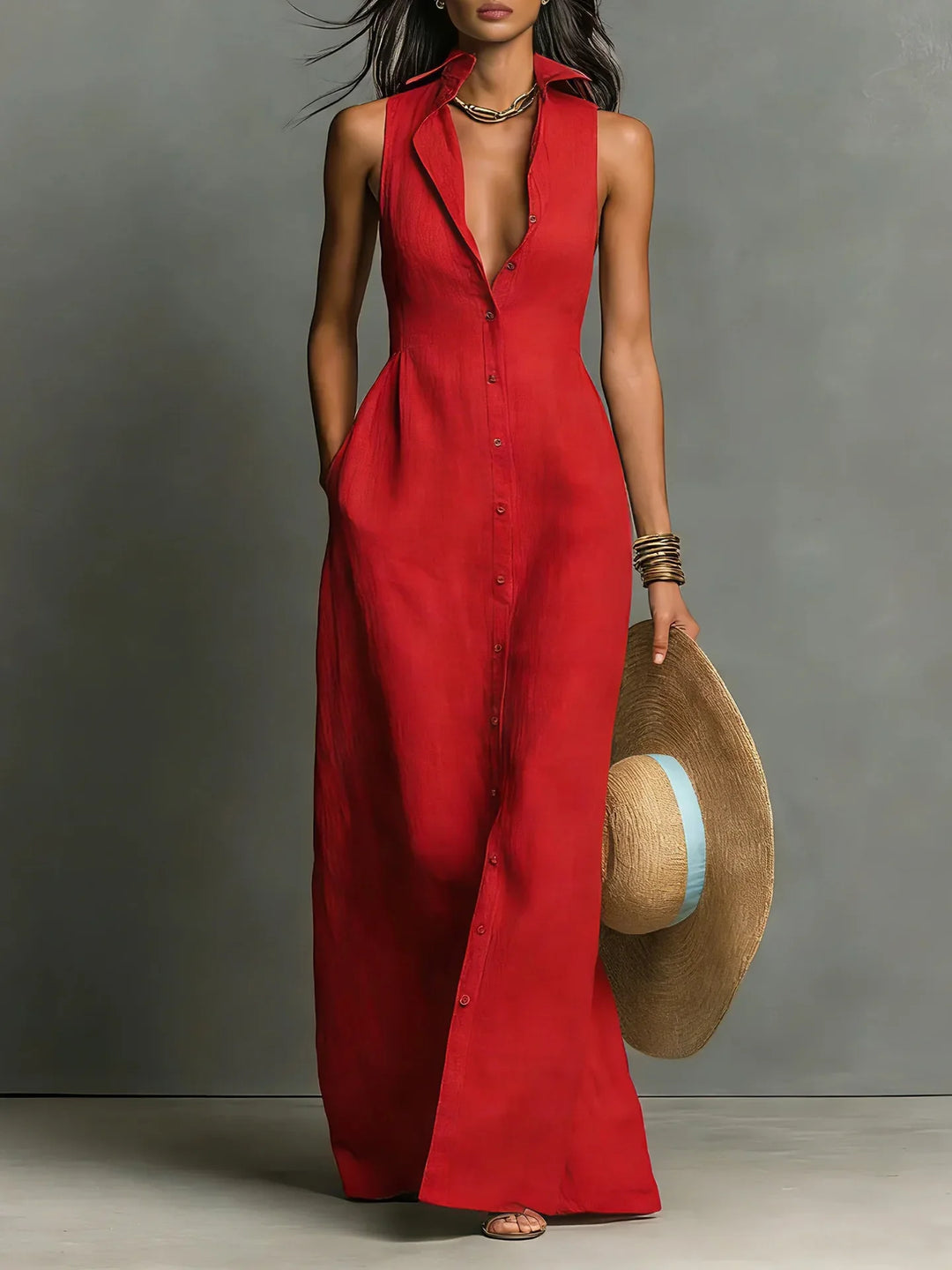 Léa | Women's Sleeveless Collared Button-Through Maxi Dress - Red - Image 1