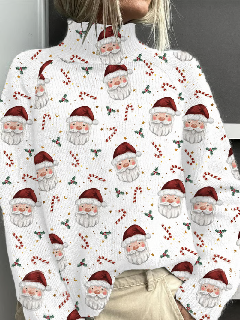 Lavinia | Women's Christmas Santa Print Long Sleeve Sweater - White - Image 1