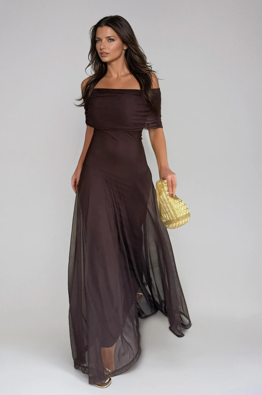 Linnea | Women's Off-Shoulder Maxi Wedding Guest Dress - Dark Brown - Image 1