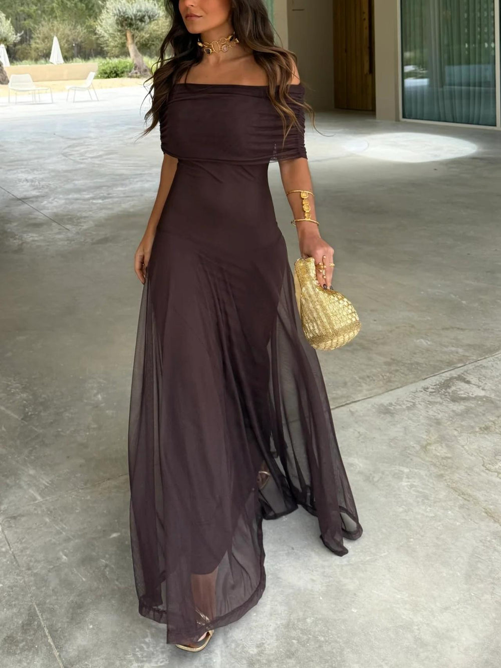 Linnea | Women's Off-Shoulder Maxi Wedding Guest Dress - Dark Brown - Image 2