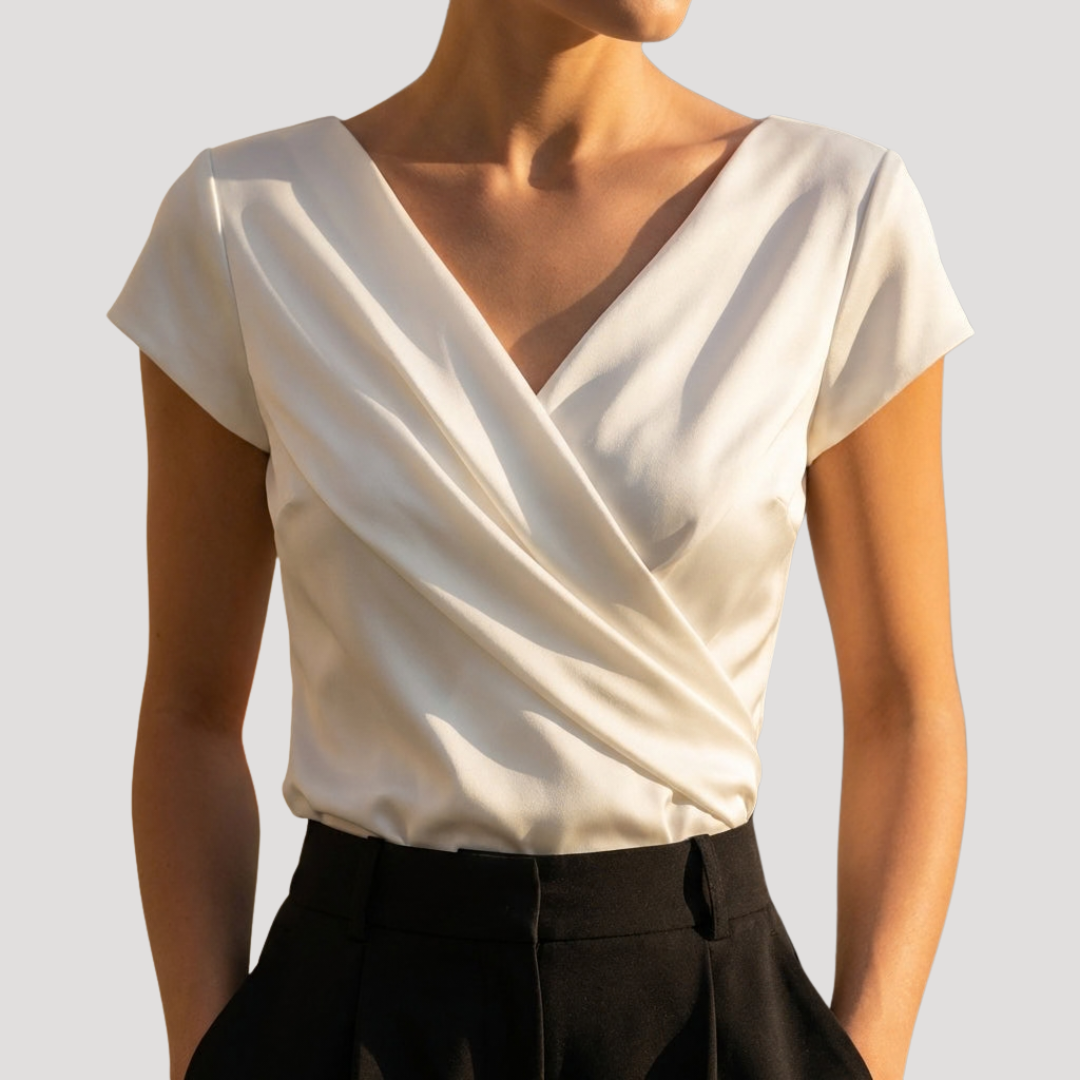 Linnea | Women's Wrap Front Cap Sleeve Blouse - Cream - Image 1