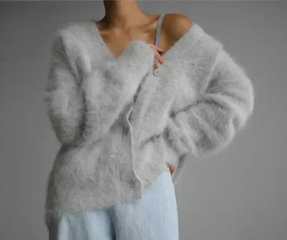 Linneth | Women's Fuzzy Cardigan Sweater - Taupe - Image 2
