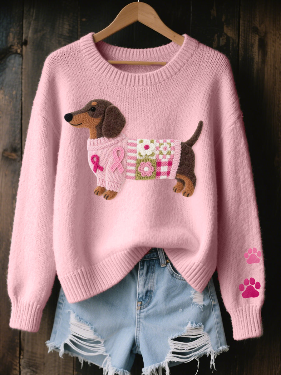 Linnova | Women's Dachshund Graphic Knit Sweater - Pink - Image 1