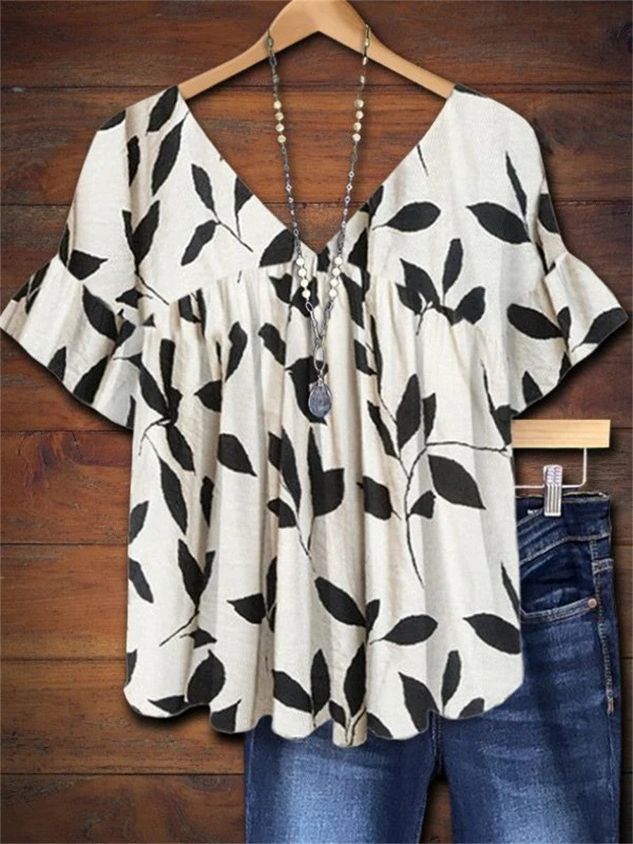 Liora | Women's Leaf Print V-Neck Blouse - White - Image 1