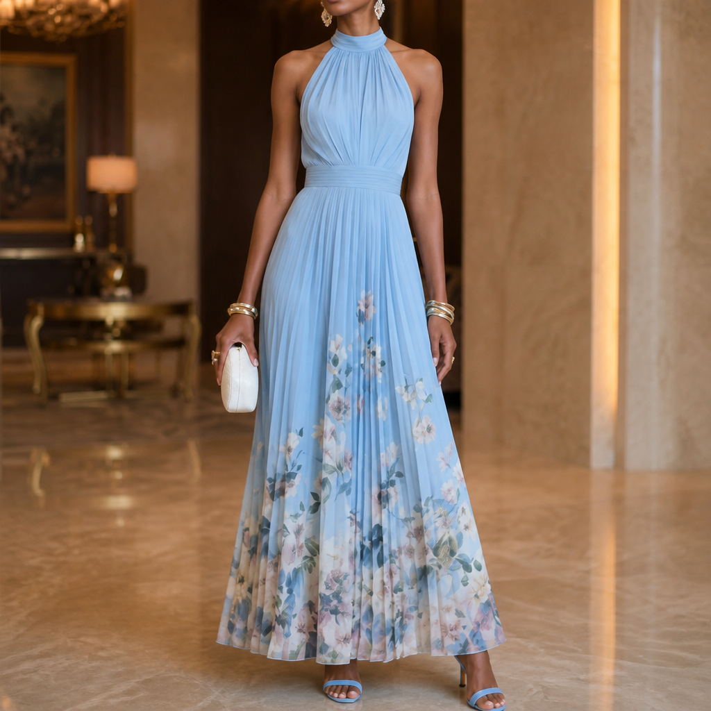 Lorvane | Women's Halter Neck Floral Maxi Dress - Sky Blue - Image 1