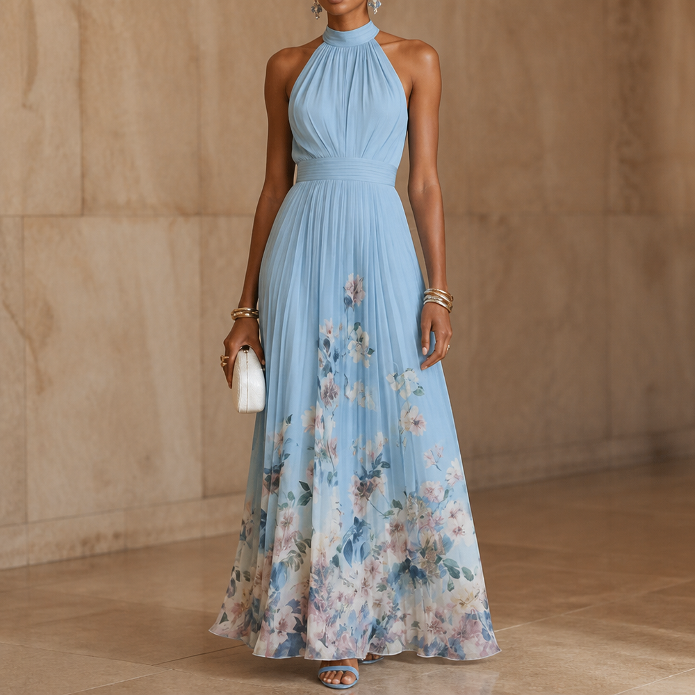 Lorvane | Women's Halter Neck Floral Maxi Dress - Sky Blue - Image 2