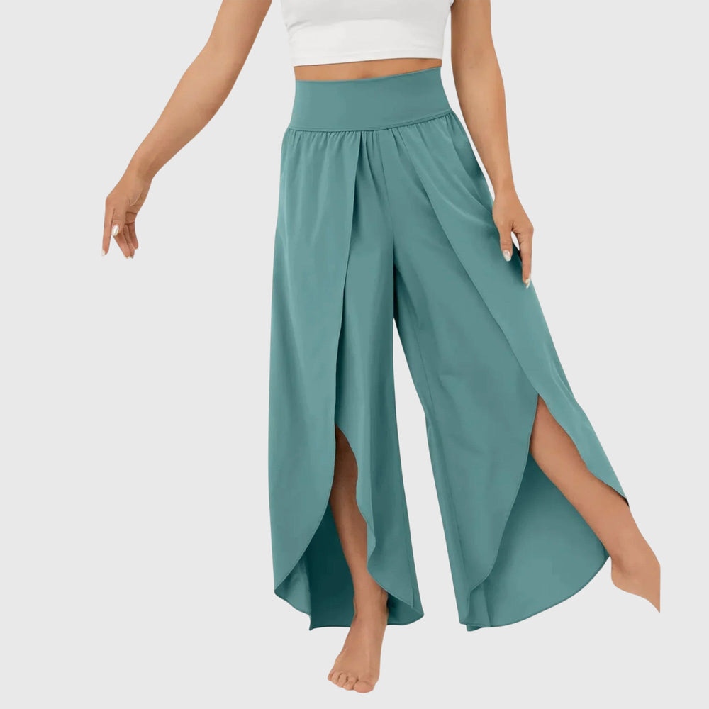 Lorveth | Women's Wide Leg Pants High Waist Split Hem - Teal - Image 2