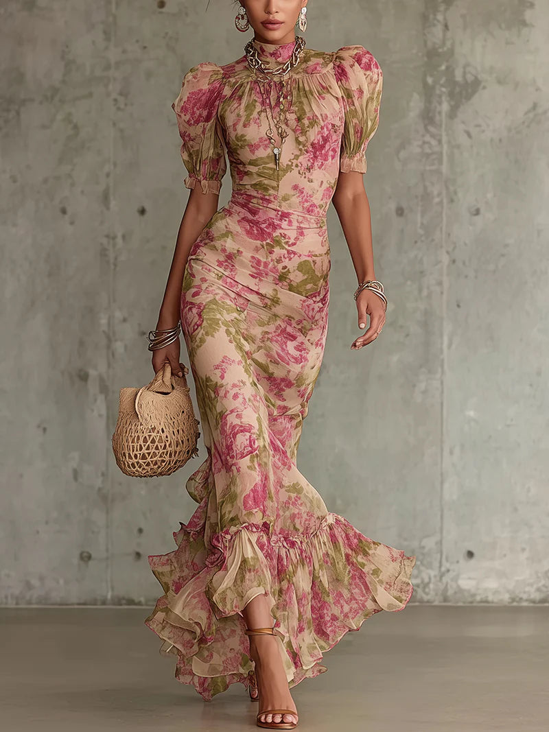 Lourdes | Women's Floral Puff Sleeve Mock Neck Maxi Dress - Floral - Image 1